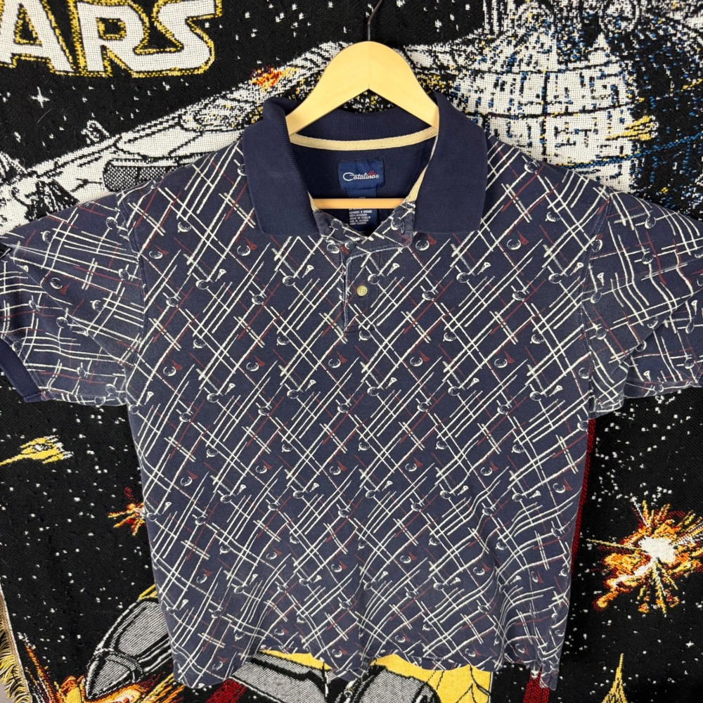 Vintage Catalina Mens Large Navy Blue Golf Graphic Print Cotton Polo Shirt